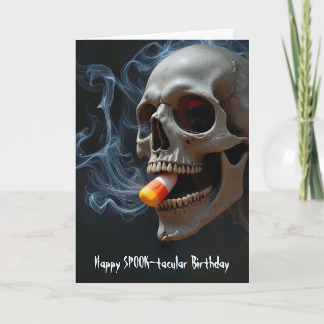 Carte Halloween Anniversaire Crâne Biting Candy Corn (Devant)