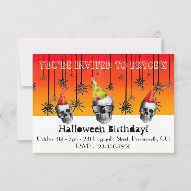 Carte Halloween Anniversaire orange crânes noirs casquet (Devant)