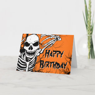Carte Halloween Anniversaire Squelette Éffrayant Orange 
