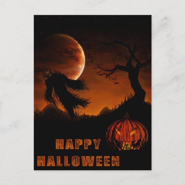 Carte Halloween avec citrouille et épouvantail (Devant)
