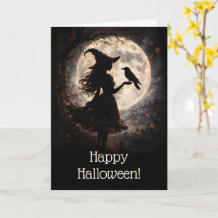 Carte Halloween avec une jolie sorcière et silhouette de