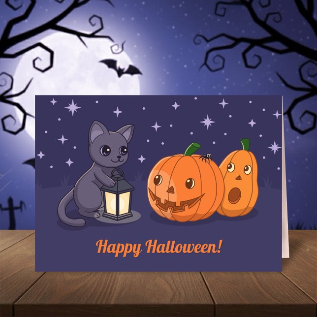 Carte Halloween Black Cat Pumpkins Lantern Purple (Créateur téléchargé)