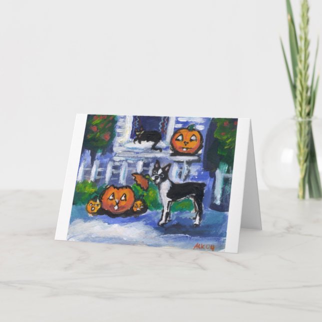 Carte Halloween Boston Terrier mischief (Devant)