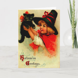 Carte Halloween Brundage Girl with Black Hat and Cat