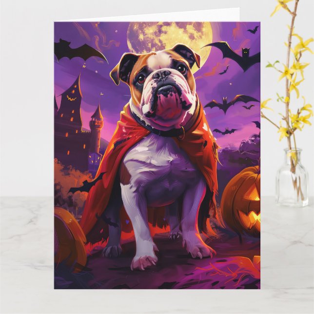 Carte Halloween Bulldog Vampire Citrouilles effroi (Fleur jaune)