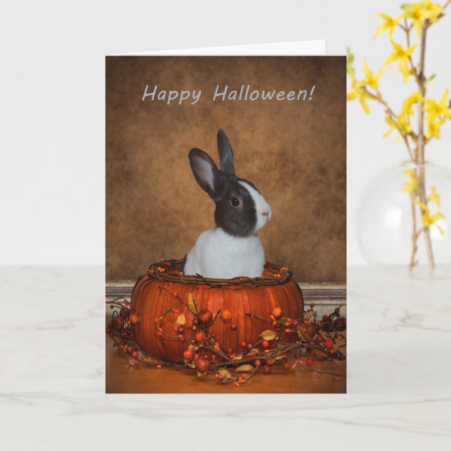 Carte Halloween Bunny dans un Citrouille d'osier (Fleur jaune)