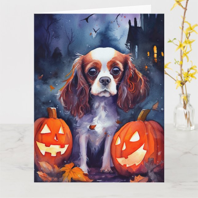 Carte Halloween Cavalier King Charles Citrouille espagno (Fleur jaune)