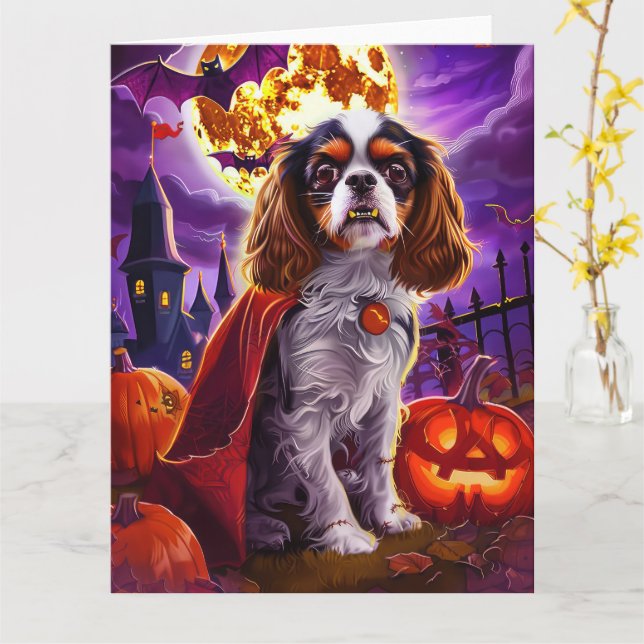 Carte Halloween Cavalier King Vampire Citrouilles effray (Fleur jaune)