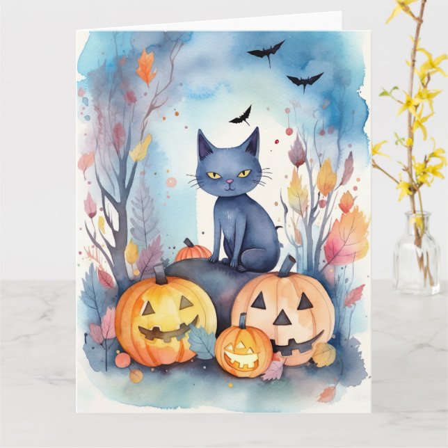 Carte Halloween Chat Bleu Oriental Avec Peur Citrouille (Fleur jaune)