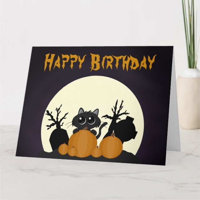 Carte Halloween Chat noir Citrouille cimetière d'anniver (Devant)