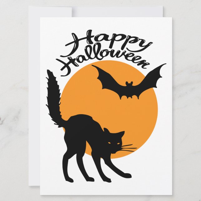 Carte Halloween chat noir et chauve-souris avec lune, ha (Devant)