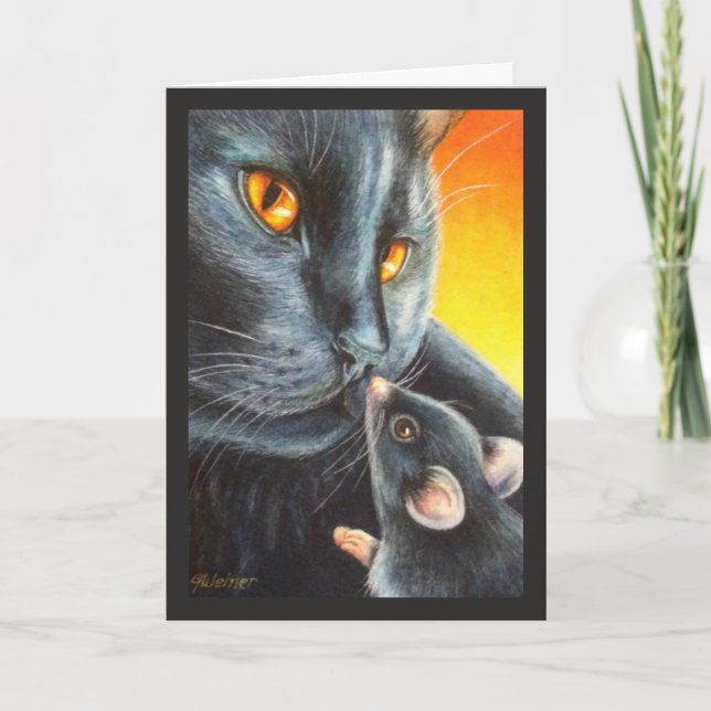 Carte Halloween Chat noir et souris noire aquarelle Art (Devant)