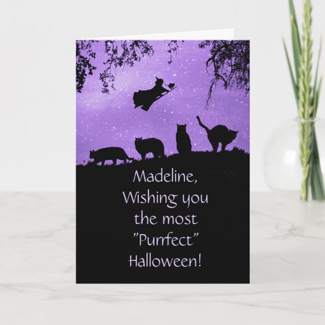Carte Halloween Chats et Sorcière Amusants Nom personnal (Devant)