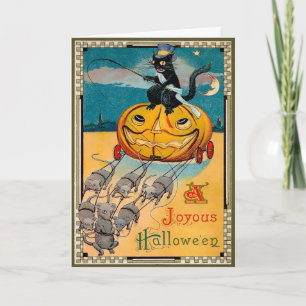 Carte Halloween Citrouille à Cheval sur Chat Rétro
