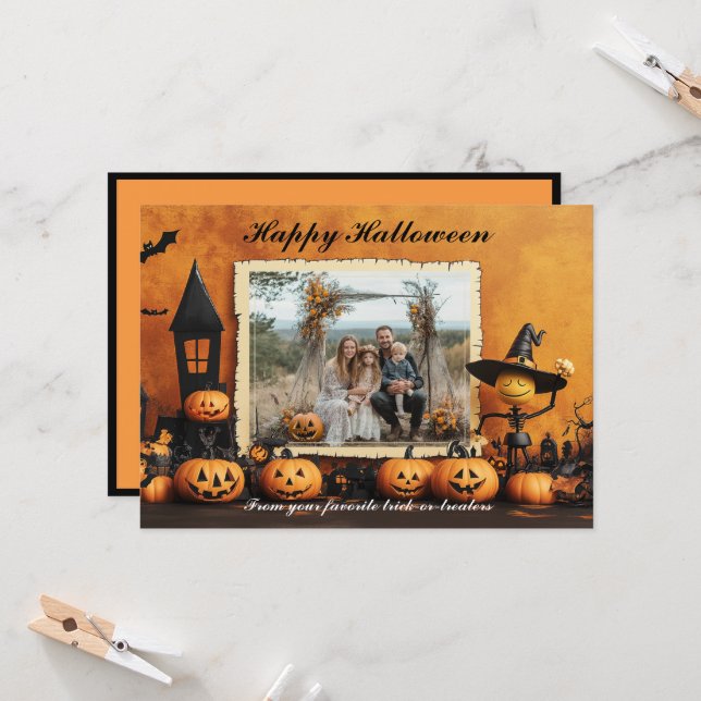 Carte Halloween Citrouille Patch Famille Amusants (Devant/Arrière en situation)