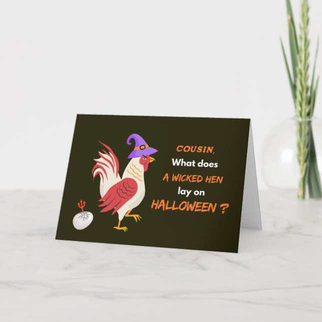 Carte Halloween Cousin avec la poule perdue et l'oeuf dé (Devant)