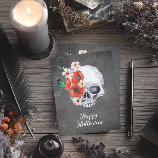 Carte Halloween crâne floral (Boho Floral Skull Halloween Card)