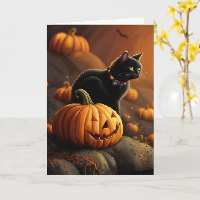 Carte Halloween Cute Black Cat et Jack-o'-lantern (Fleur jaune)