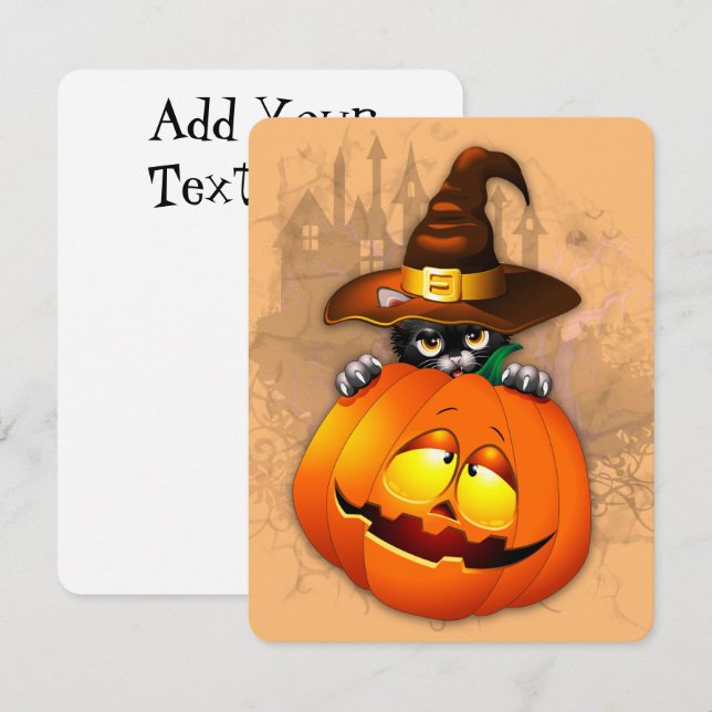 Carte Halloween Cute Kitty Witch et ami Citrouille (Devant / Derrière)