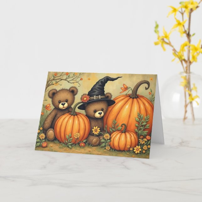 Carte Halloween Cute Nounours style art populaire Puimpk (Fleur jaune)