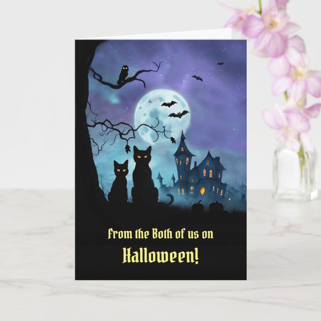 Carte Halloween de nous deux mignons deux chats noirs (Orchidée)