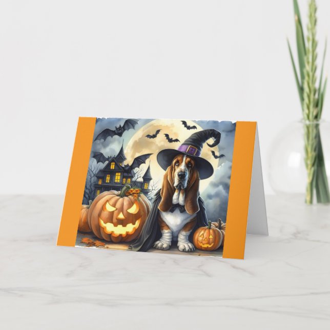 Carte Halloween de sorcière de chien mignon (Devant)