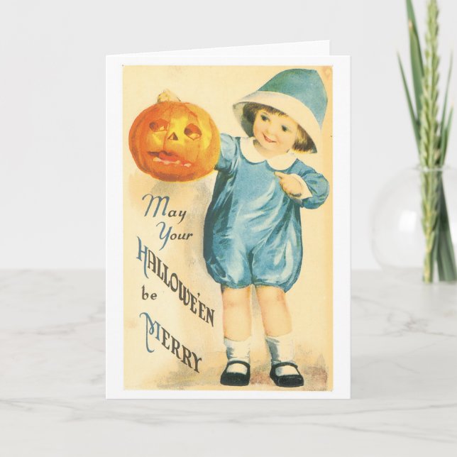Carte Halloween démodée, Fille tenant un Citrouille (Devant)
