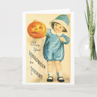 Carte Halloween démodée, Fille tenant un Citrouille