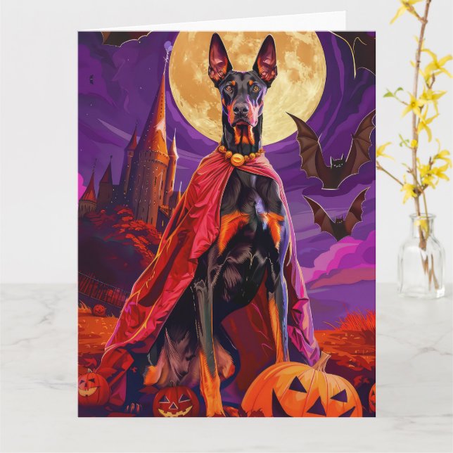 Carte Halloween Doberman Vampire Citrouilles effroi (Fleur jaune)