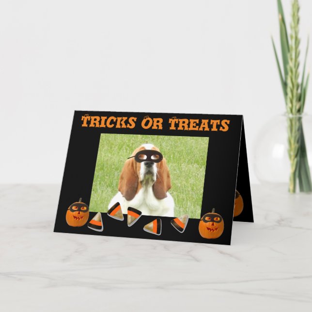 Carte Halloween drôle & mignonne Basset Hound & Ci (Devant)