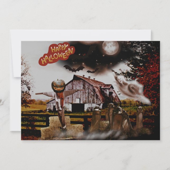 *~* CARTE HALLOWEEN Éffrayant Ghost Hay de Barn Ha (Devant)