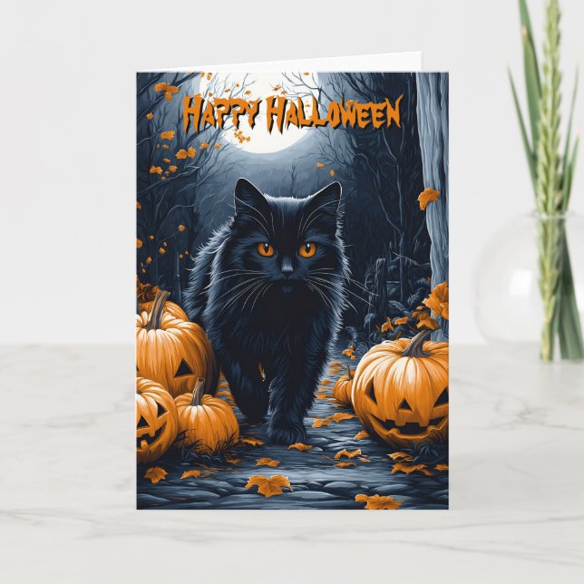 Carte Halloween en chats noirs et forêt Citrouille (Devant)