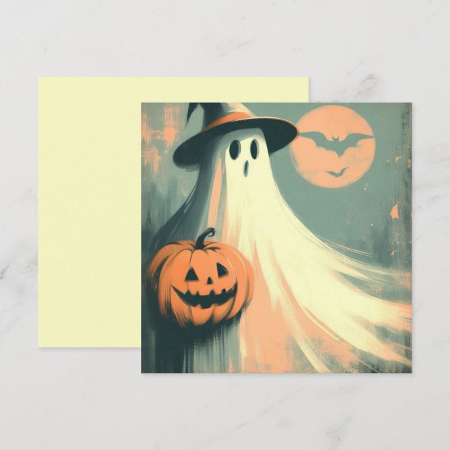 Carte Halloween Fantôme et Citrouille-lanterne Effrayant (Devant / Derrière)