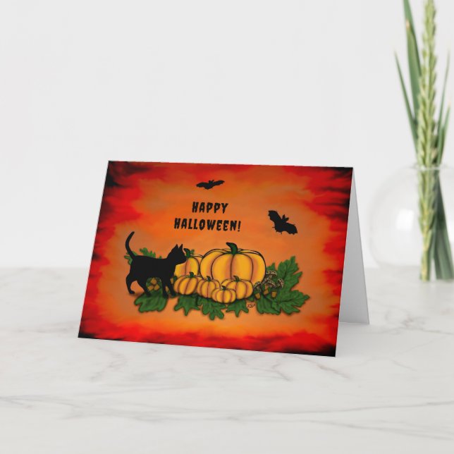Carte Halloween heureux, Chat noir, Chat et Citrouille (Devant)
