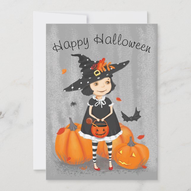 Carte Halloween jolie petite sorcière (Devant)