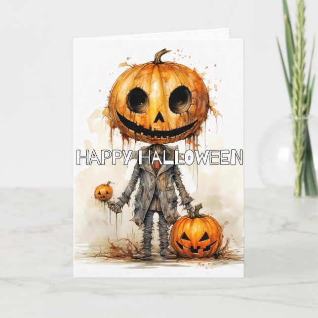 Carte Halloween joyeuse et sinistre Citrouille Scarecrow (Devant)
