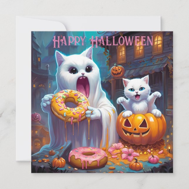 Carte Halloween joyeuses - Cute Kitten et Ghost mangent  (Devant)