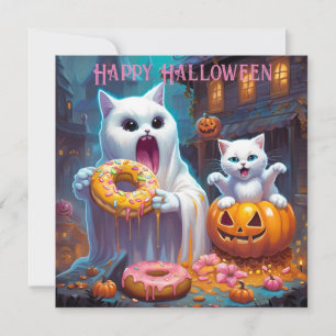Carte Halloween joyeuses - Cute Kitten et Ghost mangent