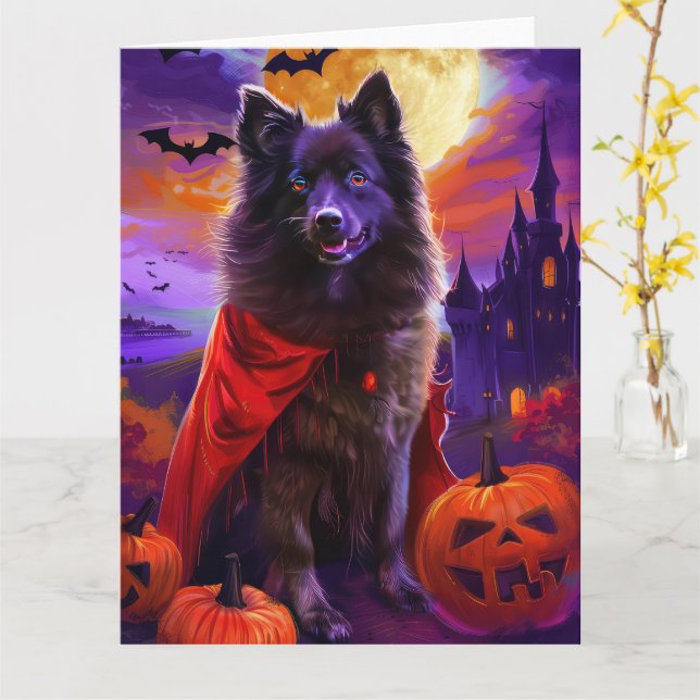 Carte Halloween Keeshond Vampire Citrouilles effroi (Fleur jaune)