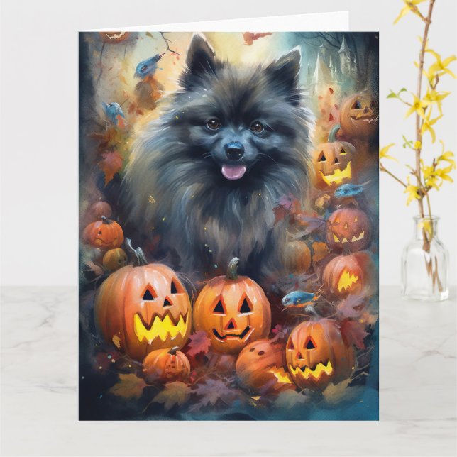 Carte Halloween Keeshonté avec la peur Citrouille (Fleur jaune)