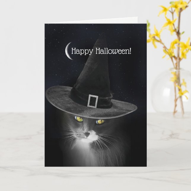 Carte Halloween Kitty avec la sorcière Casquette Darling (Fleur jaune)