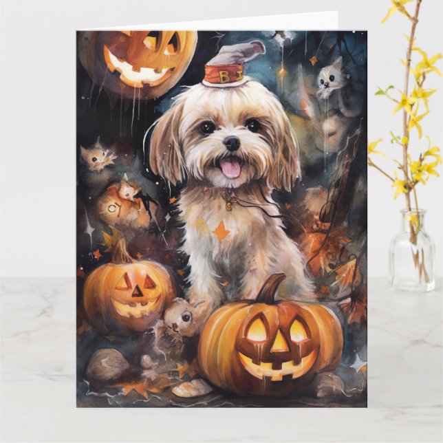 Carte Halloween Lhassa Apso Avec Peur Citrouille (Fleur jaune)