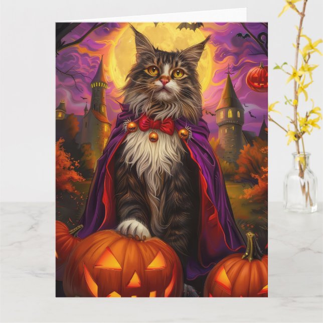 Carte Halloween Maine Coon Cat Vampire Citrouilles effro (Fleur jaune)