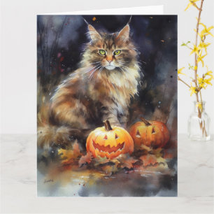 Carte Halloween Maine Coon Chat Avec Crainte Citrouille