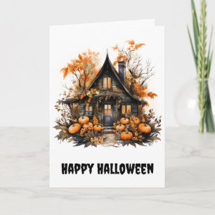 Carte Halloween Maison hantée avec Citrouilles & Foliage