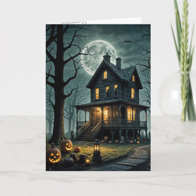 Carte Halloween Maison hantée avec Jack-o-lanterns (Devant)