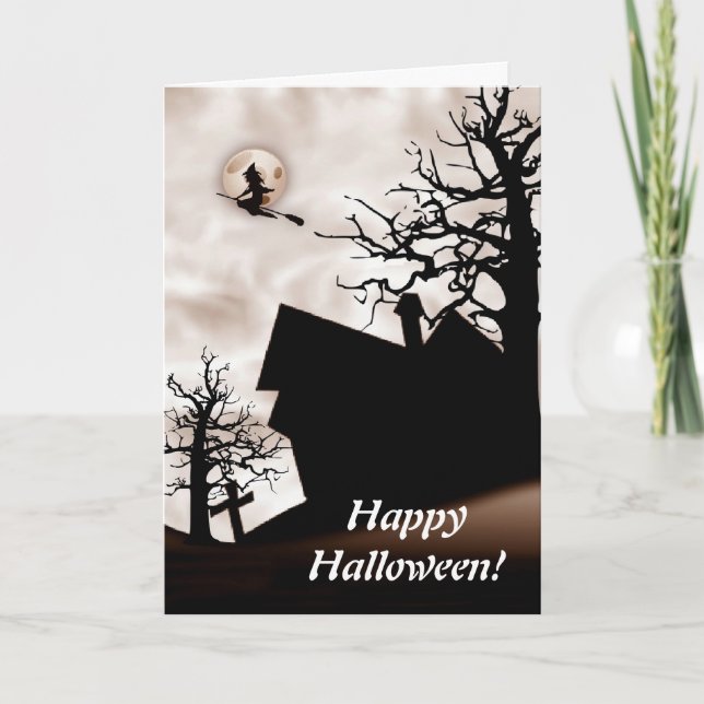 Carte Halloween Maison hantée avec sorcière sur la chamb (Devant)