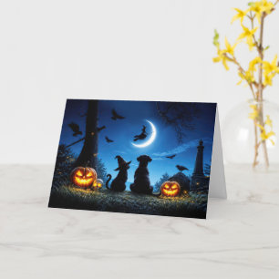 Carte Halloween Mignon avec Sorcière et Chat et Chien de