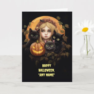 Carte Halloween Nom personnalisé Cute Black Cats and Gir