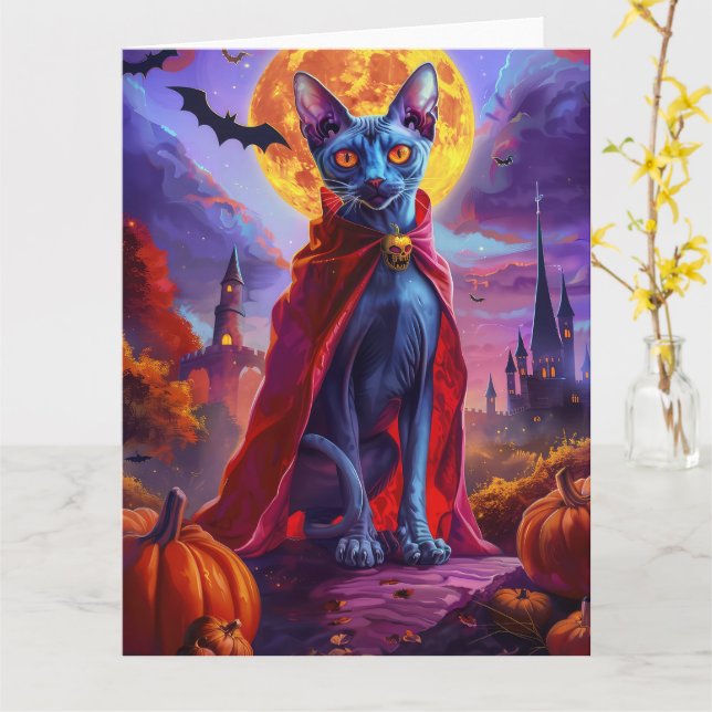 Carte Halloween Oriental Blue Chat Vampire Citrouilles e (Fleur jaune)